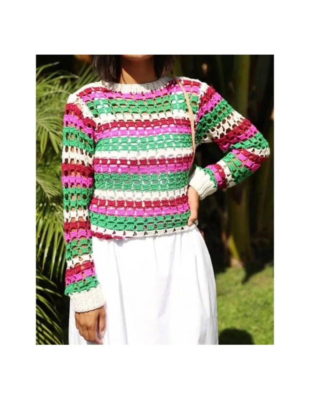 GREYLIN Paola Crochet Knit Striped Sweater Pullover Colorful Top Size‎ XS NWT